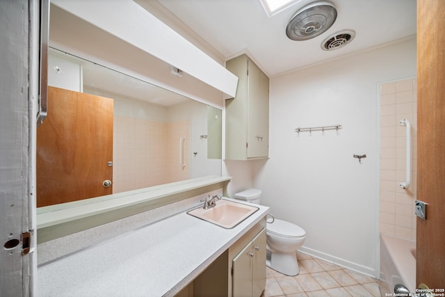 full bathroom with crown molding, shower / tub combination, tile patterned flooring, vanity, and toilet