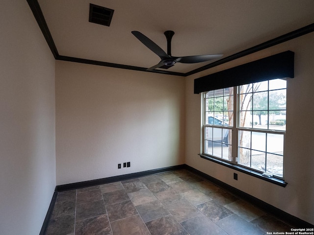 empty room with crown molding and ceiling fan