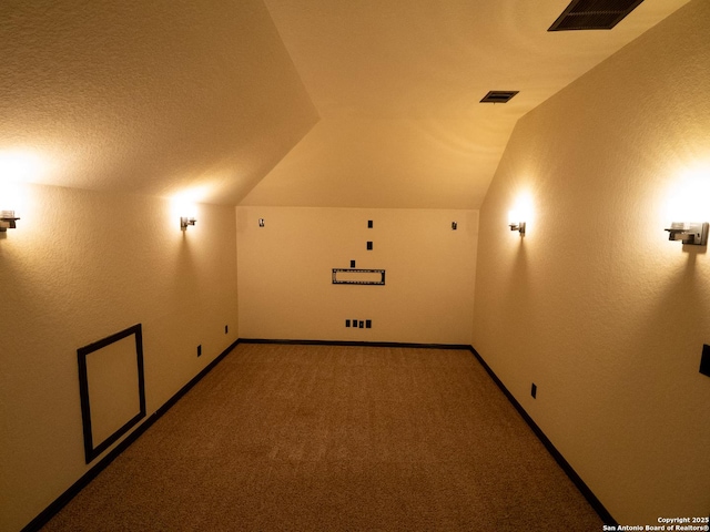 additional living space featuring vaulted ceiling, carpet floors, and a textured ceiling