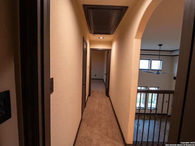 hallway featuring light carpet