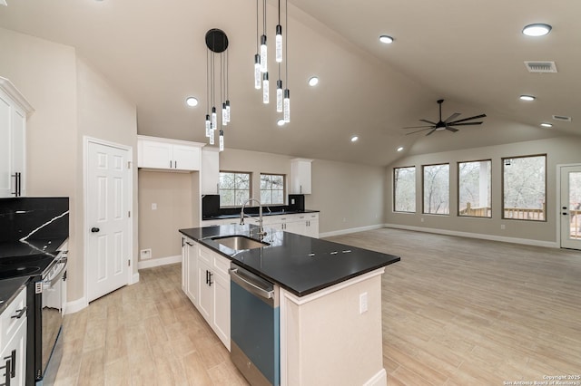 kitchen with sink, dishwasher, a kitchen island with sink, white cabinetry, and decorative light fixtures