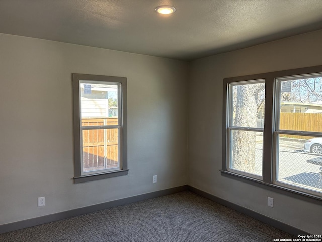 carpeted empty room with a textured ceiling and a wealth of natural light