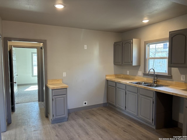 kitchen with light hardwood / wood-style floors, wood counters, gray cabinets, and sink