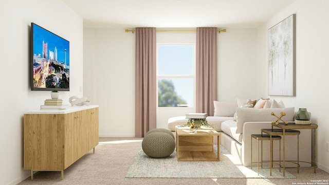 sitting room featuring light colored carpet