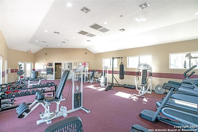 exercise room with vaulted ceiling