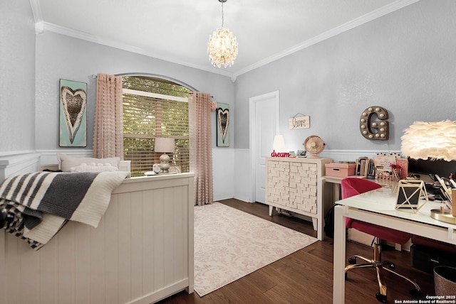 bedroom featuring an inviting chandelier, ornamental molding, and dark hardwood / wood-style floors