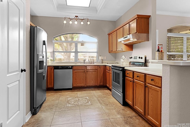 kitchen with ornamental molding, appliances with stainless steel finishes, a tray ceiling, and sink