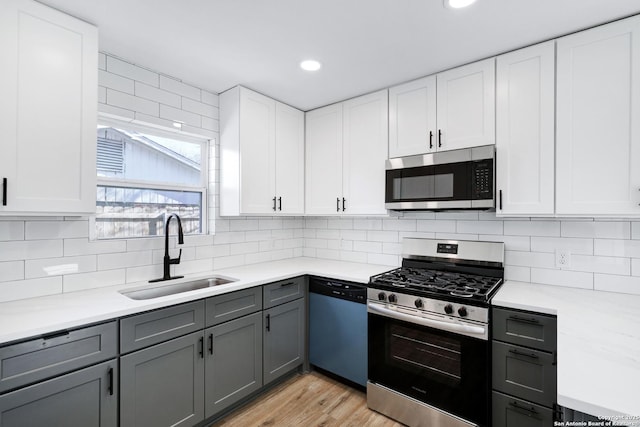 kitchen featuring gray cabinets, appliances with stainless steel finishes, white cabinetry, sink, and decorative backsplash