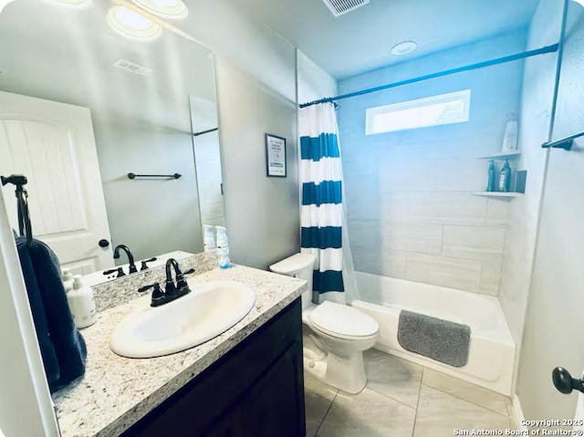 full bathroom with vanity, tile patterned flooring, shower / bath combo, and toilet