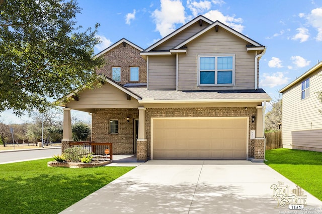 craftsman inspired home with a porch, a garage, and a front yard