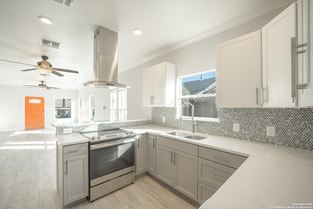 kitchen featuring island range hood, tasteful backsplash, sink, ornamental molding, and stainless steel electric range