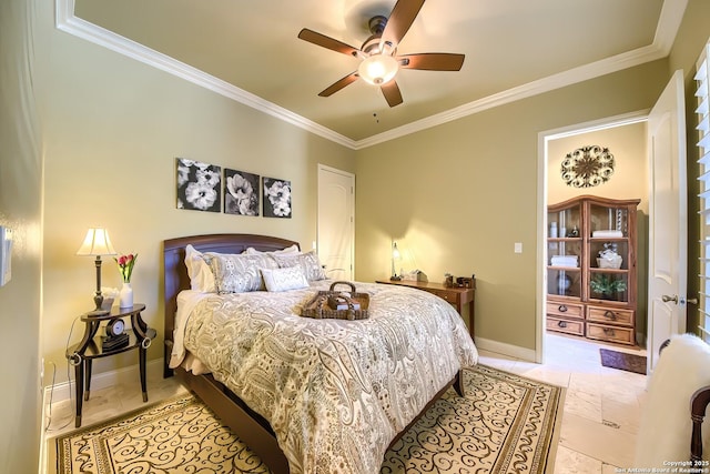 bedroom with crown molding and ceiling fan