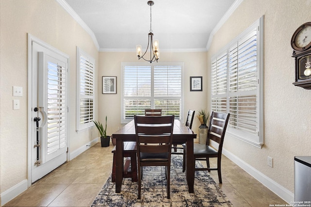 dining space featuring light tile patterned flooring, ornamental molding, and a chandelier