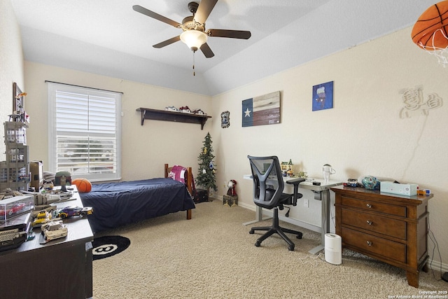 carpeted bedroom featuring lofted ceiling and ceiling fan