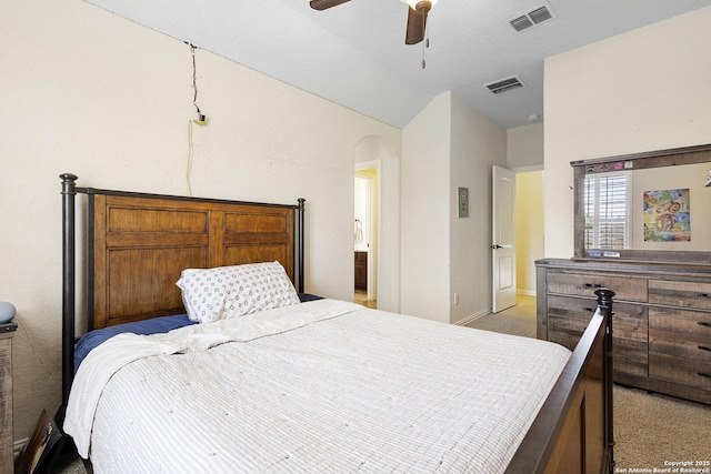 bedroom featuring light colored carpet and ceiling fan