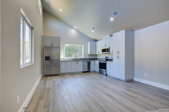 kitchen with gray cabinetry, high vaulted ceiling, light hardwood / wood-style floors, and appliances with stainless steel finishes