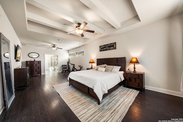 bedroom featuring beam ceiling and dark wood-type flooring