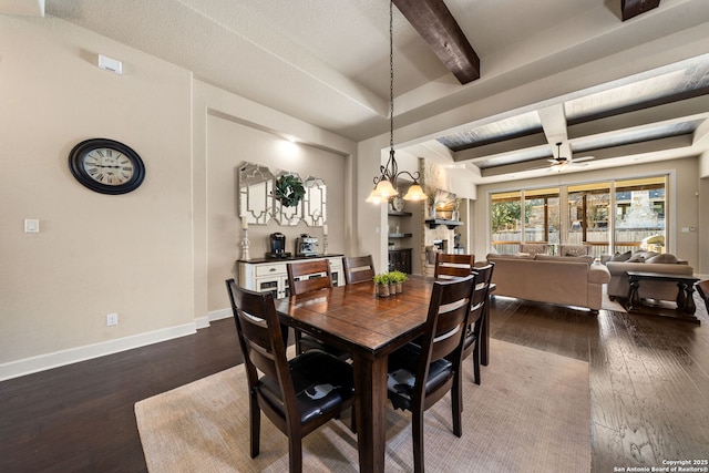 dining room featuring hardwood / wood-style flooring, ceiling fan, and beam ceiling