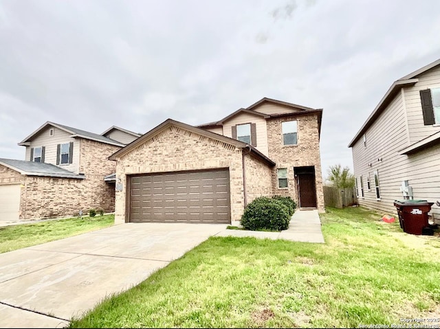 view of front of property featuring a garage and a front lawn