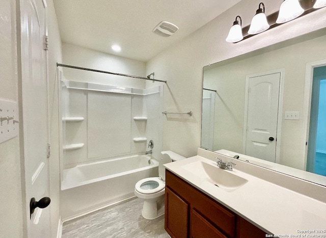 full bathroom featuring  shower combination, toilet, and vanity