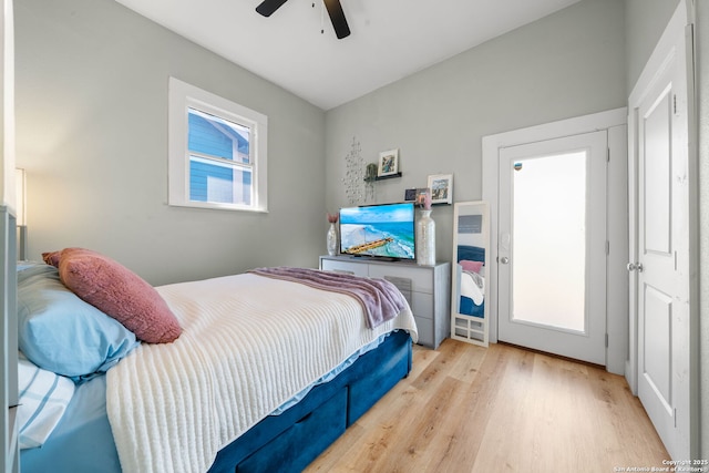 bedroom featuring ceiling fan and light wood-type flooring