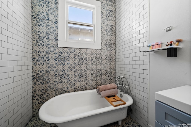 bathroom with a bathing tub and tile walls