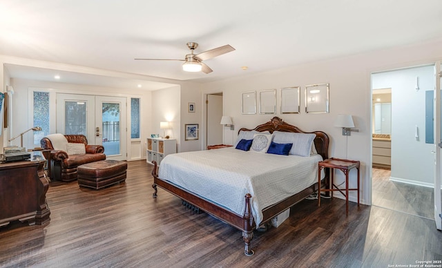 bedroom with dark hardwood / wood-style floors, access to outside, ceiling fan, and french doors