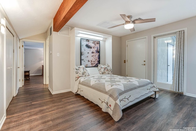 bedroom with lofted ceiling with beams, dark wood-type flooring, and ceiling fan