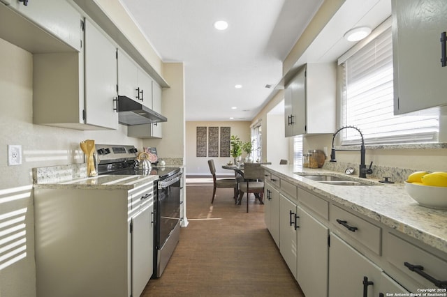 kitchen with white cabinetry, dark wood-type flooring, sink, and electric range