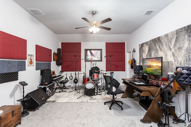 carpeted office with ceiling fan