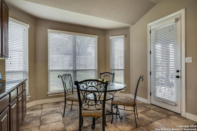 dining room featuring lofted ceiling and baseboards