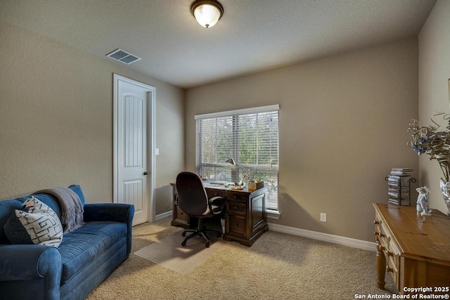 office area with light colored carpet, visible vents, and baseboards