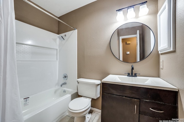 full bathroom featuring shower / tub combo, vanity, tile patterned flooring, and toilet