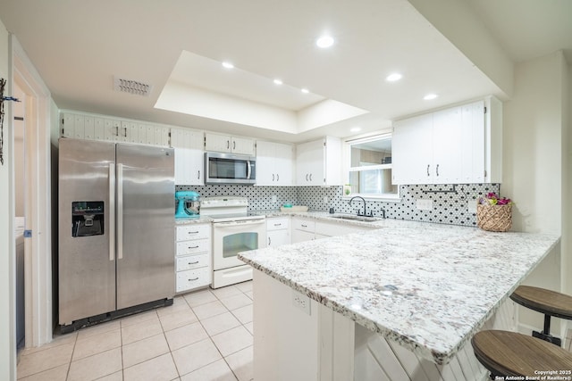 kitchen with white cabinetry, sink, a kitchen bar, a tray ceiling, and stainless steel appliances