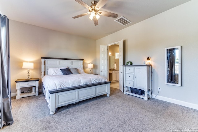 bedroom featuring light carpet and ceiling fan