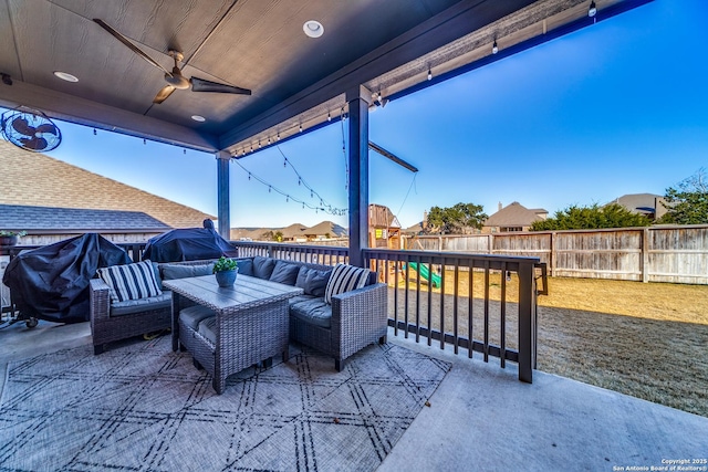 view of patio / terrace with ceiling fan and outdoor lounge area