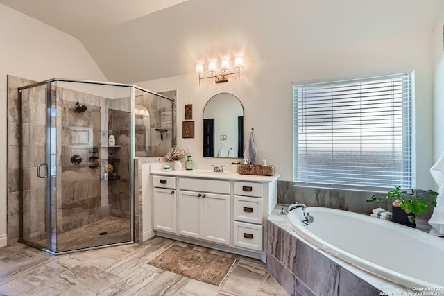 bathroom featuring lofted ceiling, vanity, and plus walk in shower