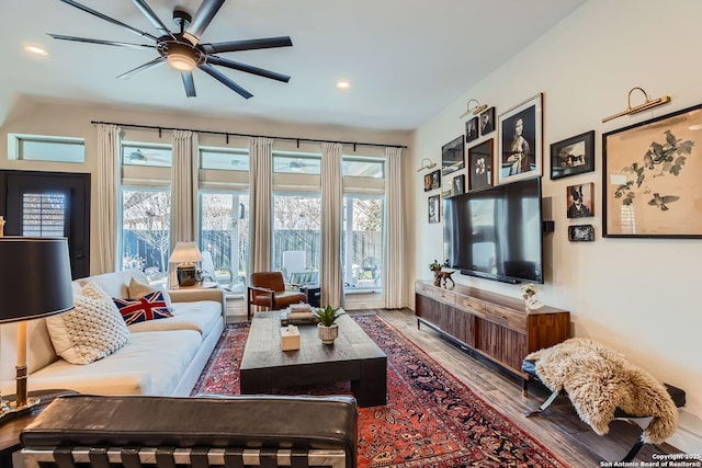 living room featuring hardwood / wood-style floors, a healthy amount of sunlight, and ceiling fan