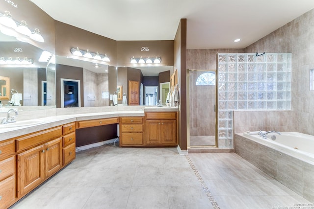 bathroom with vanity, tile patterned flooring, and separate shower and tub