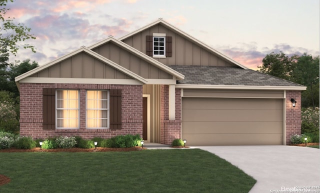 view of front of property with brick siding, board and batten siding, a front yard, a garage, and driveway