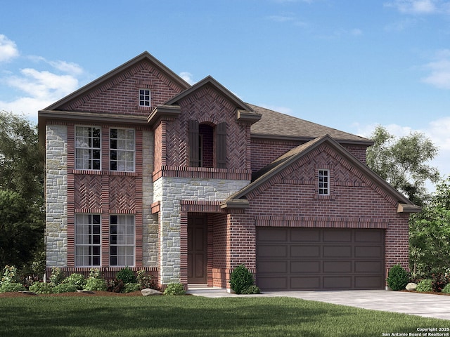 view of front of property with a garage and a front lawn