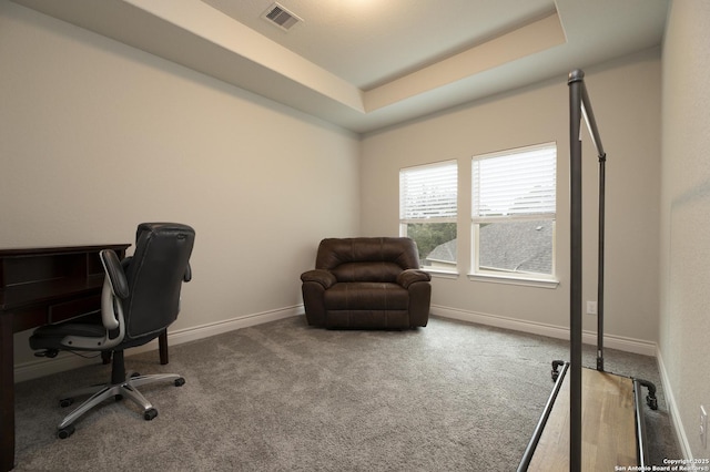 home office with carpet and a tray ceiling