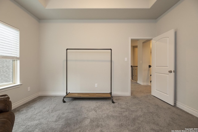 unfurnished bedroom featuring light colored carpet and a tray ceiling