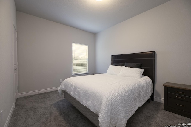 bedroom featuring dark carpet