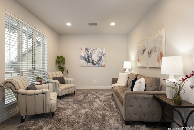 living room with dark wood-type flooring