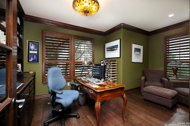 office space featuring crown molding, dark hardwood / wood-style floors, and a wealth of natural light