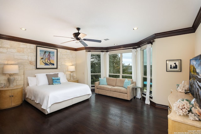 bedroom featuring dark hardwood / wood-style flooring, crown molding, and ceiling fan