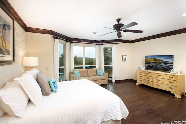 bedroom with access to exterior, crown molding, dark wood-type flooring, and ceiling fan