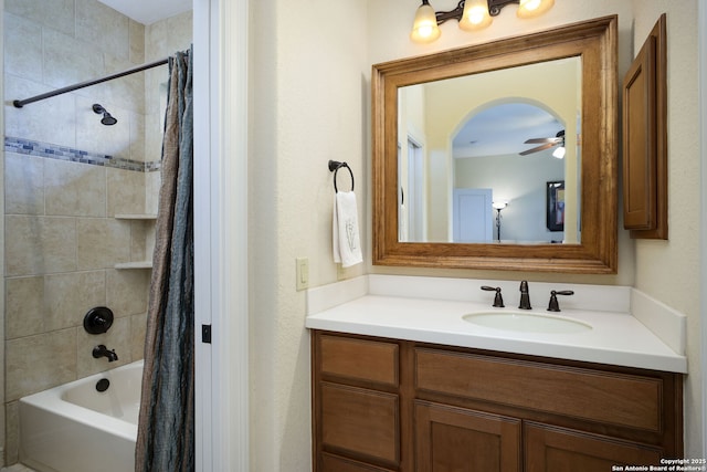 bathroom featuring vanity and shower / bath combination with curtain