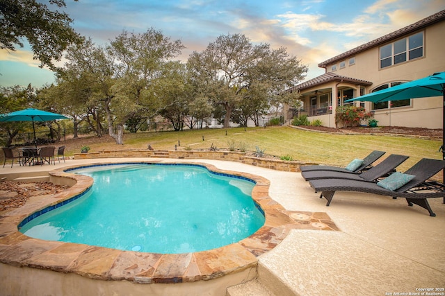 view of swimming pool featuring a patio and a lawn